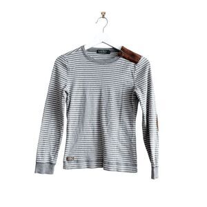 Lauren Ralph Lauren Women's Sweater Striped Faux Suede Elbow Patch Gray White Sm
